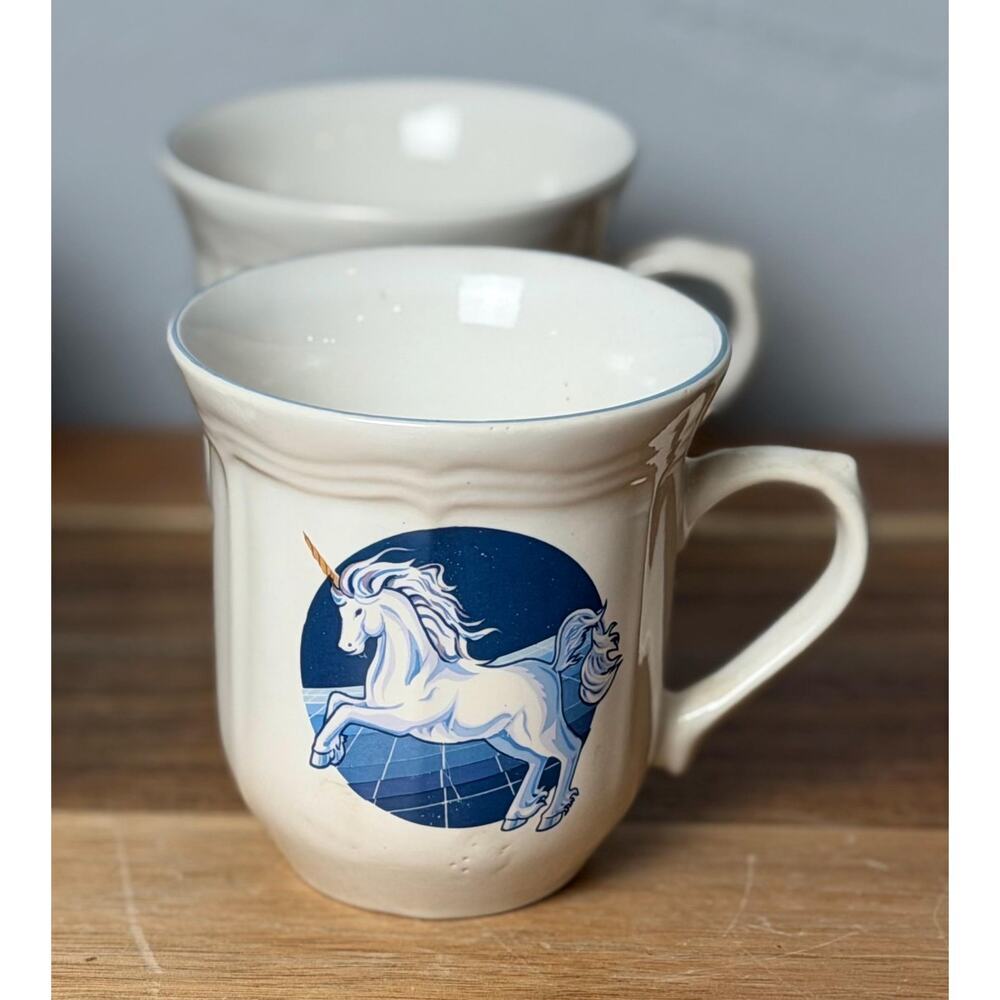 Vintage Unicorn Set of 6 | 1980s Blue & White Fantasy Coffee| Unicorn and Stars - Picture 4 of 11